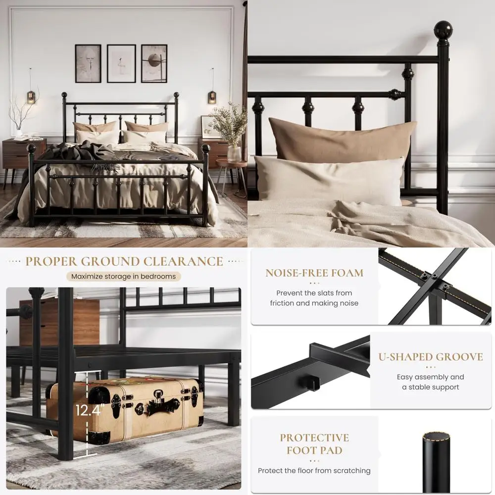 

Queen Size Metal Platform Bed Frame with Victorian Style Headboard and Footboard, Steel Slats Mattress Foundation for Storage