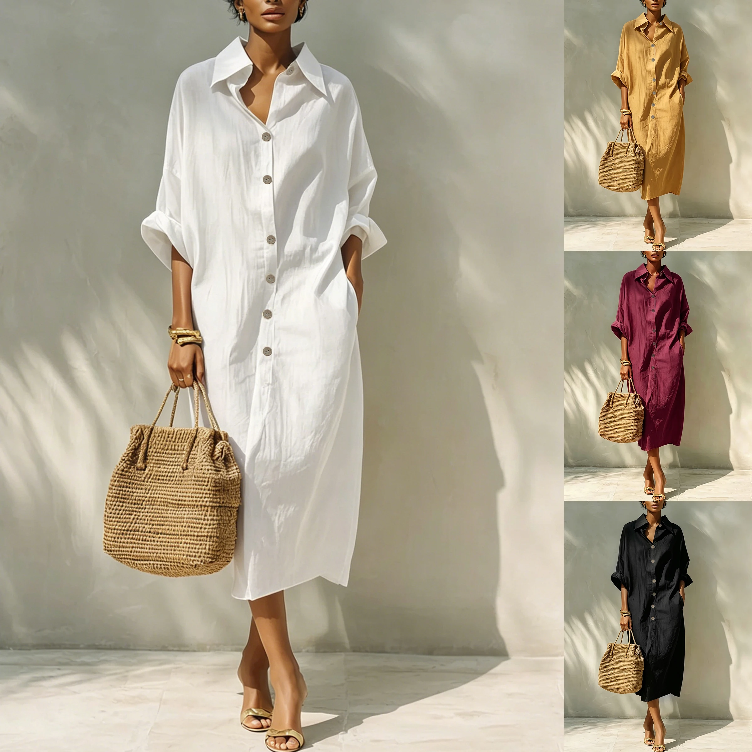 Solid Color Lapel Collar Shirt Dress, Loose Long Sleeve Midi Dress with Side Pockets, Button Front Casual Linen Long Dress for W