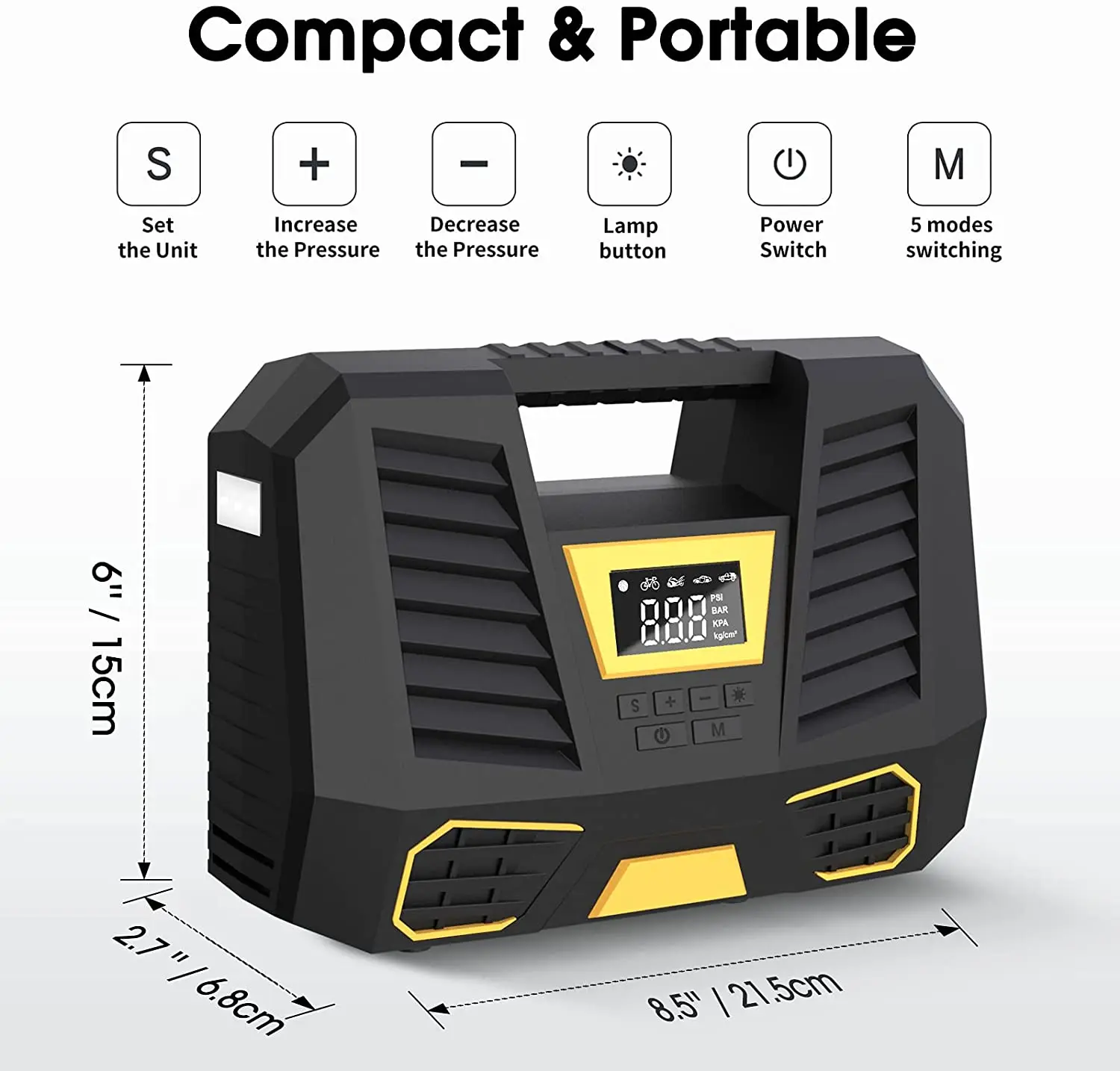 Inflator portátil do pneu do compressor de ar com lanterna LED, bomba com tela para o carro e bicicletas, 12V DC, 150 PSI