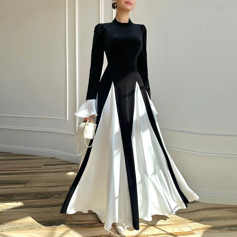 Elegant Flared Sleeve Color Blocked Patchwork Long Dress New Fall High Waist Evening Party Dress Temperament O Neck Velvet Dress