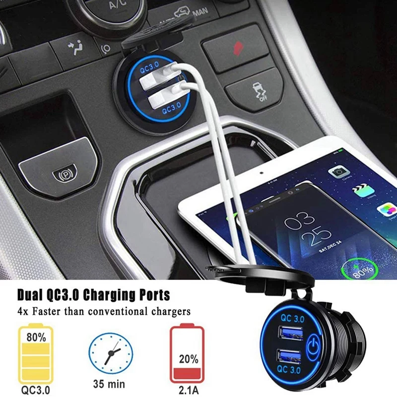 Cargador USB Dual para coche, dispositivo de carga rápida 3,0, 12V, 36W, con interruptor, para barco, motocicleta, camión, carrito de Golf, color azul, 5 uds.