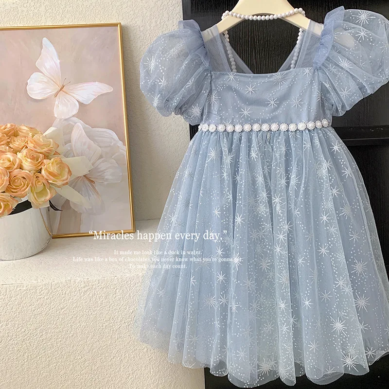 2024New Girls' Summer Dress gonna in Tulle con maniche a bolle per bambini alla moda dolce grazioso vestito da principessa