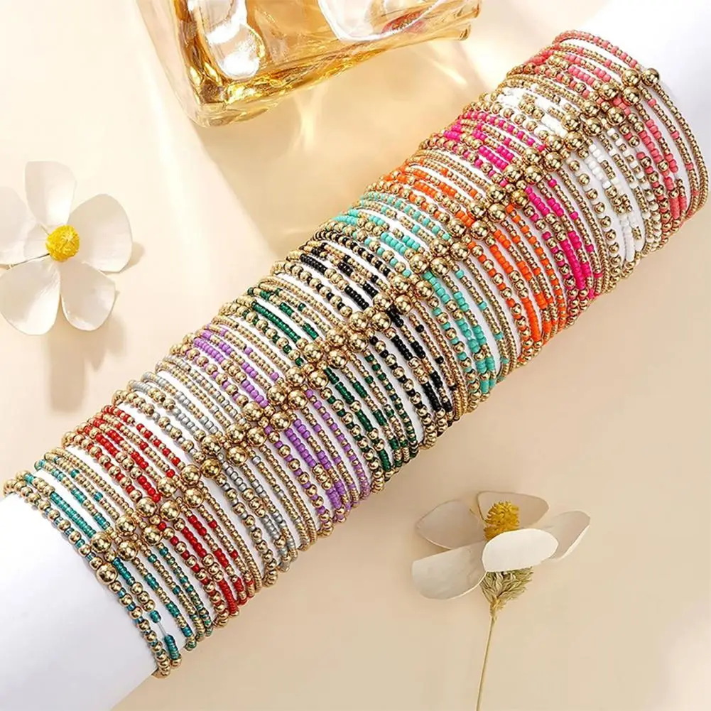 Boho Style Bead Bracelets 5pcs Beaded Bracelet Stack for Women Tiny Beads Elastic Stretch Bracelets Boho Jewelry for Teenage