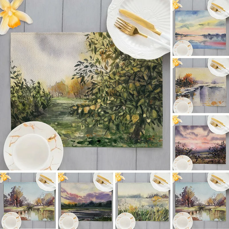 Floral Tree Cotton Linen Kitchen Placemat 45x32cm Oil Painting Landscape Dining Table Mat River Lake Scenery Coffee Mats Pad