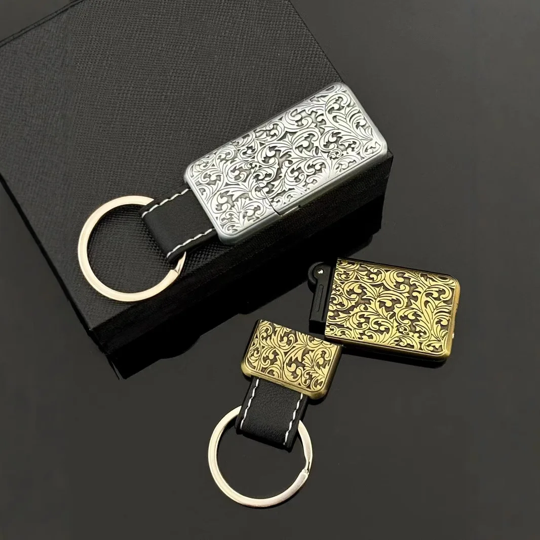 Vintage Windproof Flint Lighter with Keychain Ring Wood Grain Embossed Floral Metal Body, Portable Pocket Refillable Gas Lighter