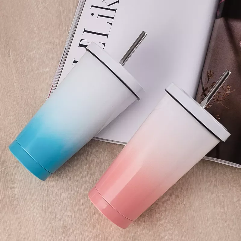 Personalized Sublimation Blank 500ml Gradient Color Drink Stainless Steel Water Bottle With Lid and Straw Travel Cup