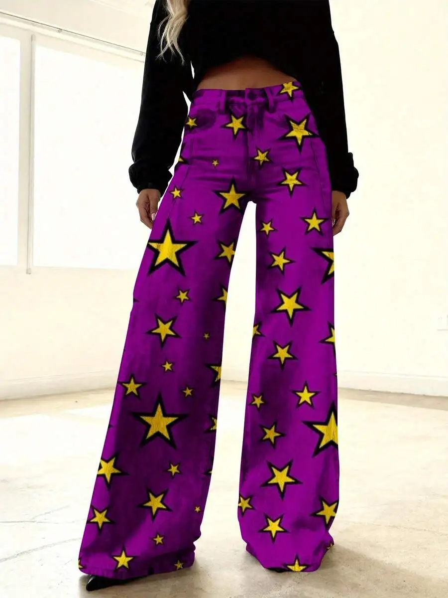 

Womens High-Waisted Wide Leg Jeans With Star Print Purple Yellow Casual Trousers