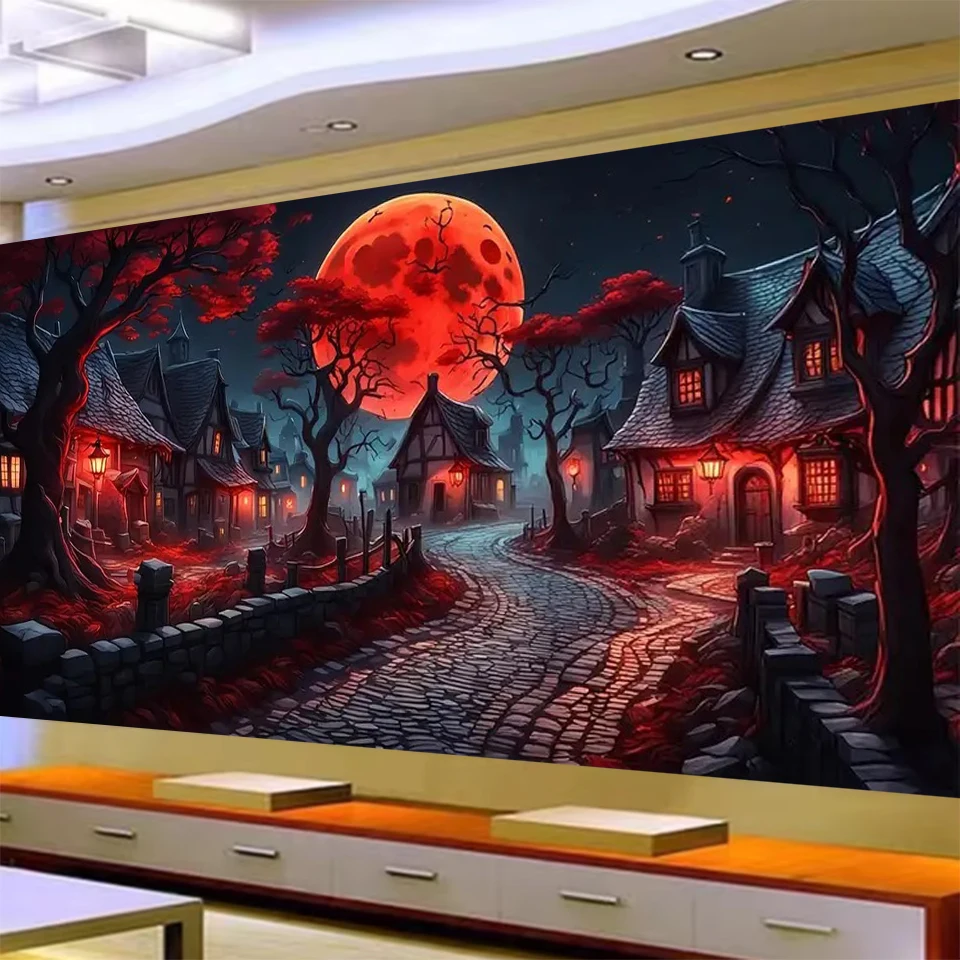 Geheimnisvolle alte Dorf Nacht Straße Blut Mond Diamant Kunst Kits DIY Diamant Malerei voller Platz Runde Diamant Mosaik Dekor