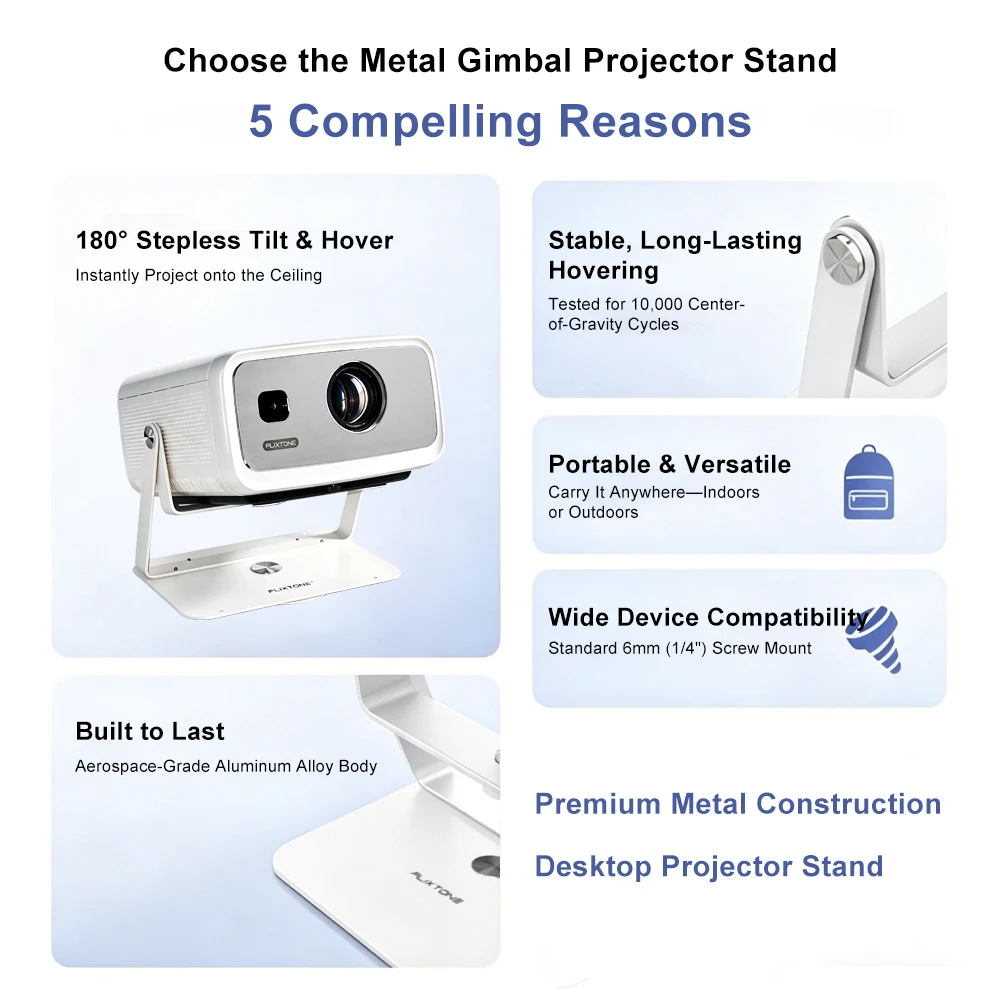 Flixtone Desktop Gimbal Rotatable Stand for D10S / D9W Ultra Projectors with a Built-in 360° Rotating Base for Free Projection