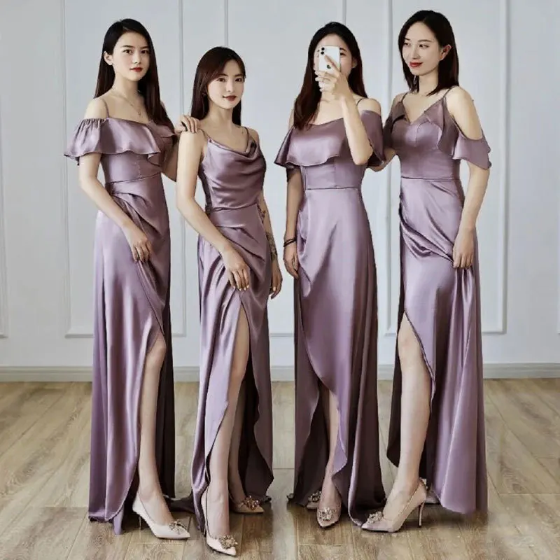 Purple Satin Bridesmaid Dress 2023 New Elegant Women's Spliced Solid High Slit Vestido Floor Length A-Line Backless Prom Dress