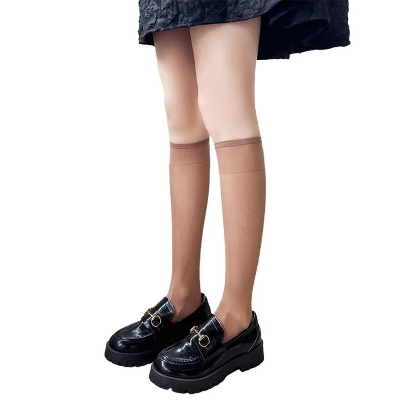 

Women Japanese Student Solid Color Sheer Over Calf Socks Summer Breathable Silk Thin Knee Length Stockings