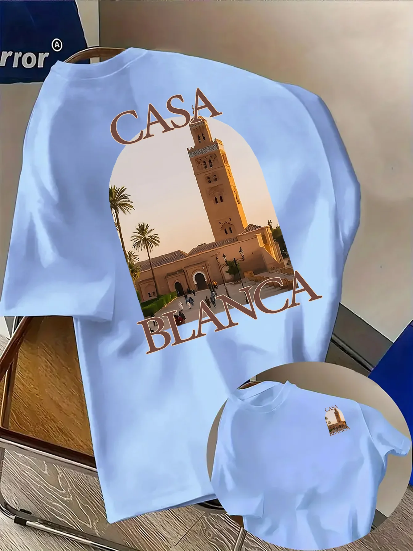 Camiseta con estampado de mezquita de la ciudad marroquí, paisaje al atardecer y palmera, 100% algodón, para hombre, ropa informal de verano