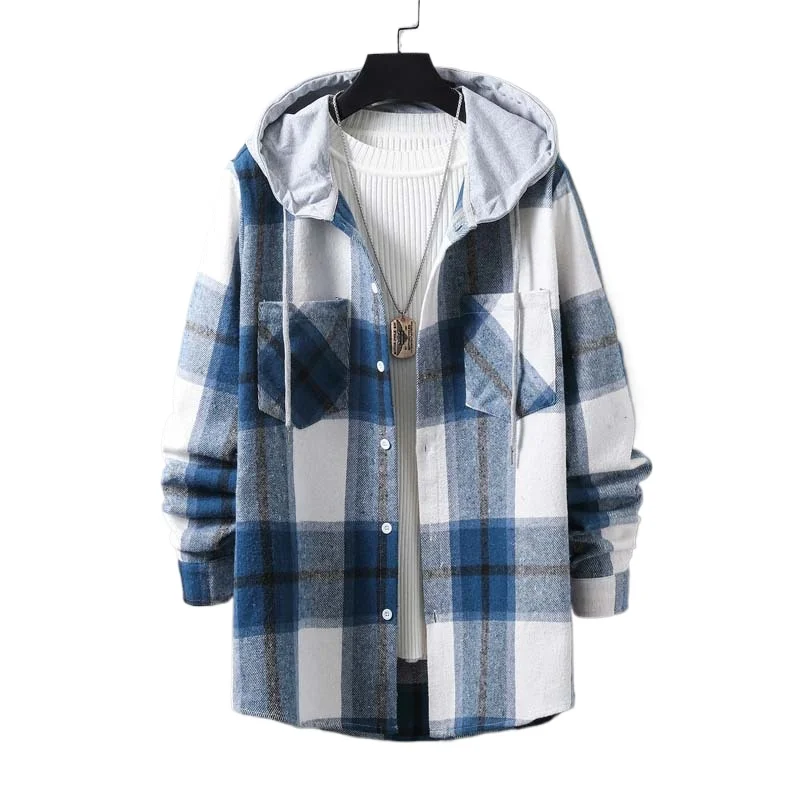 

New Men's Fashion Trend Polished Thickened Plaid Hooded Casual Loose Coat