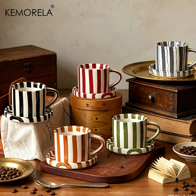 1 Set Minimalist Striped Hand Drawn Cup And Plate Set, Ceramic Milk Coffee Cup, 280ml Afternoon Tea Coffee Cup, Household Drinki