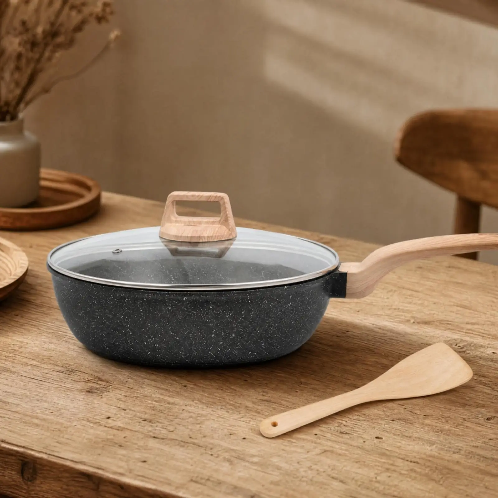 Nonstick Frying Pan for Home Kitchen Deep Skillet Cookware with Glass Cover Wooden Utensil for Stir Frying Searing