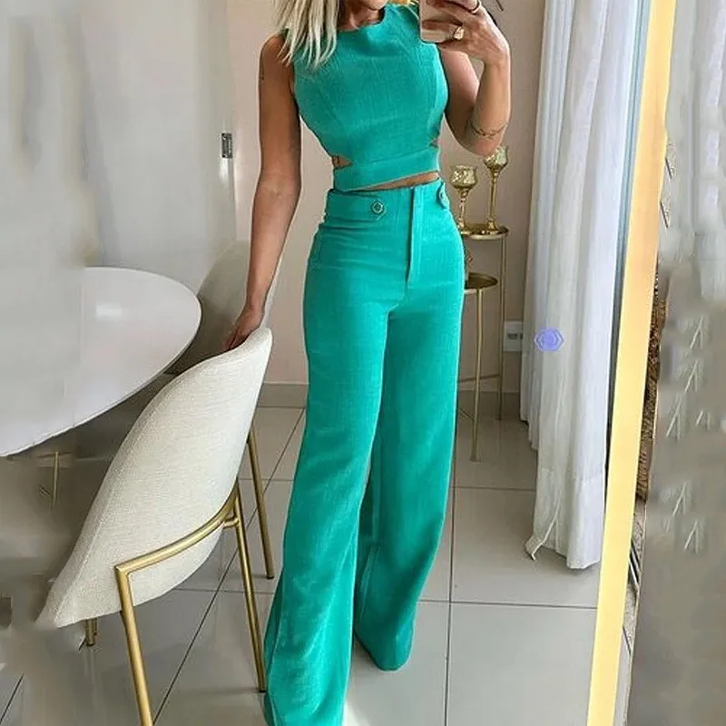 

2025 Women Slim Two Piece Set Splice Sleeveless Hollow Out Tops High Waist Pants Set Casual Solid Office Lady Spring Fashion Set