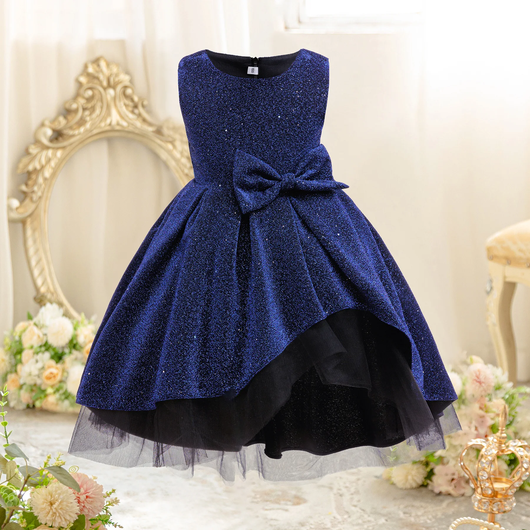 HETISO Galaxy Blue Girls Princess Dress Performance Birthday Party Graduation Kids Christmas Gown 2-10Y