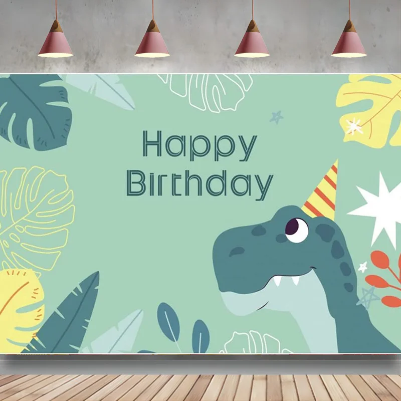 Cartoon Dinosaur Backdrop for Birthday Party Green Tropical Leaves Jungle Photo Background Boys Kids Photo Booth Studio Props