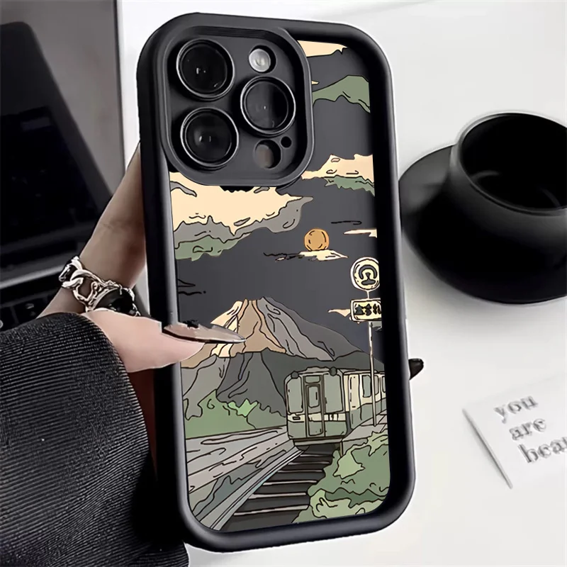 Landscape Mountain Train Case for iPhone 16 15 14 13 12 11 Pro X XR 7 8 Plus iPhone 11 Case Shockproof Soft Silicone Cover