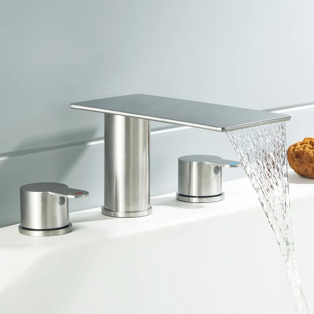 

High Flow Brushed Nickel 3-Hole Waterfall Bathtub Faucet with Long Spout and Dual Handles
