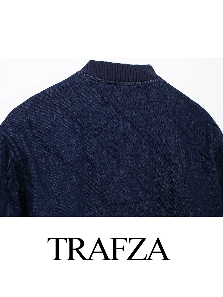 TRAFZA Donna Autunno Solido O-Collo Tasca monopetto Decorare Giacca Moda femminile Street Slim Manica lunga Denim Cappotto corto