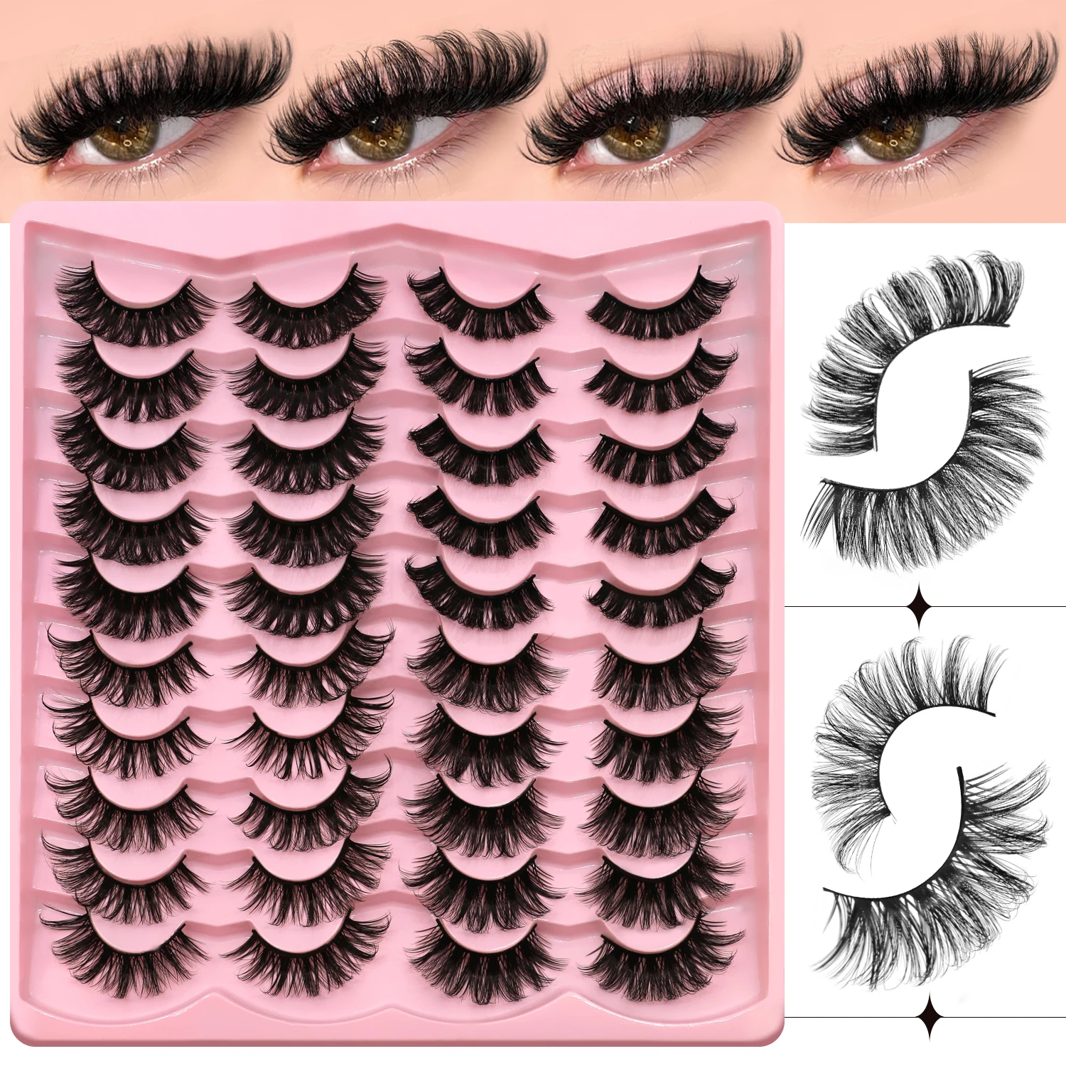 GROINNEYA pestañas postizas 20 pares de gran capacidad ojo de gato esponjoso pestañas postizas de visón de volumen largo y grueso maquillaje de pestañas postizas de visón