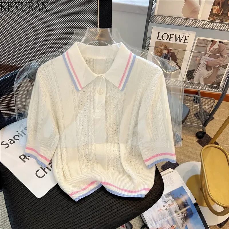 2024  Loose Casual Short Sleeve Knitwear Tops Woman Tees Polo Collar White Pullover Sweater Women Knitted T-Shirt Spring Summer