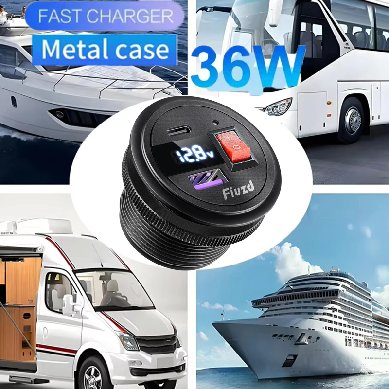 12V USB Outlet Dual PD USB-C Port Quick Charge 3.0 Car USB Charger Socket Power Outlet ON/OFF Switch