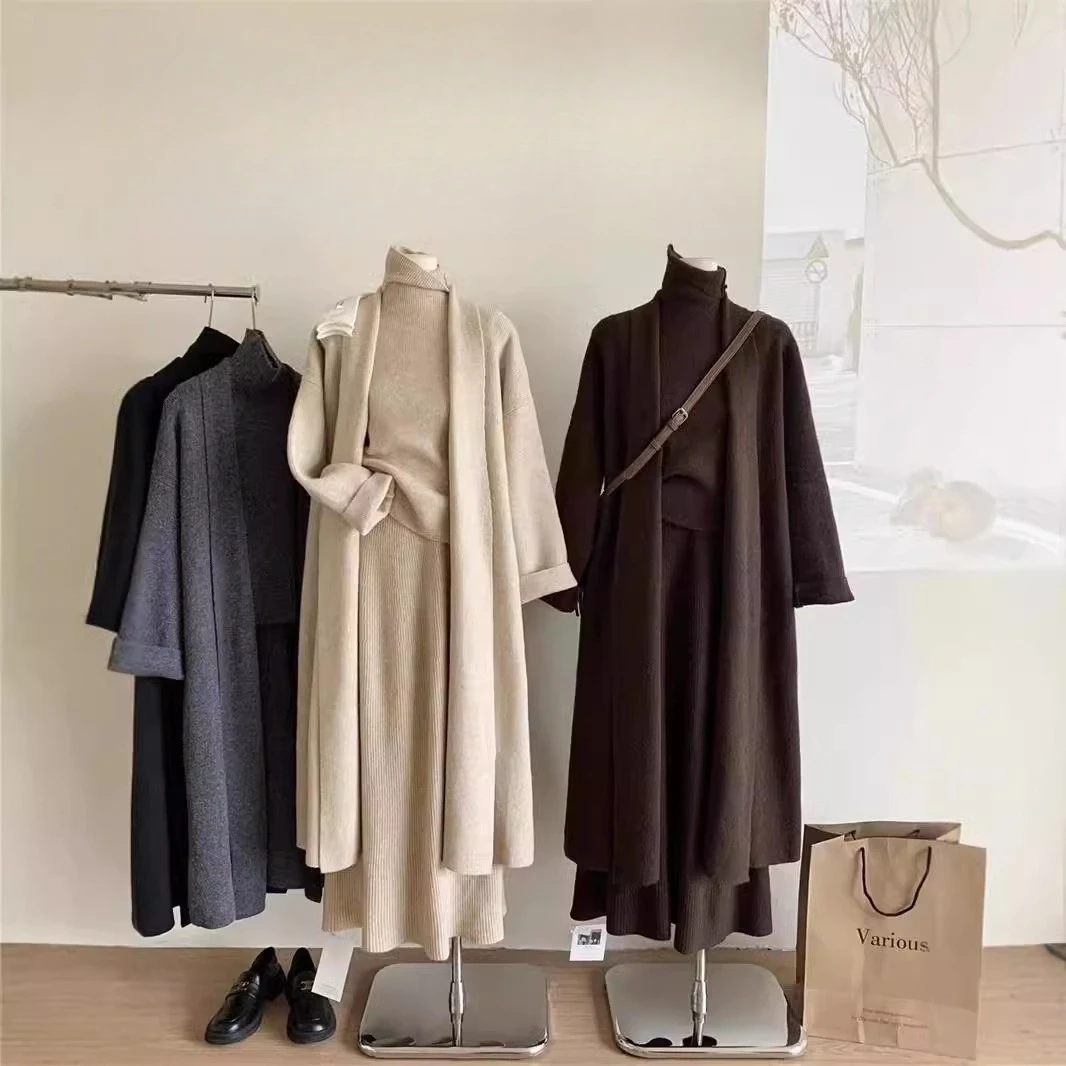 Three Piece Sets Women Outfits Long Sweater Vest Jumper Dress Kint Cardigan High Waist Skirts Spring Autumn Winter E11162