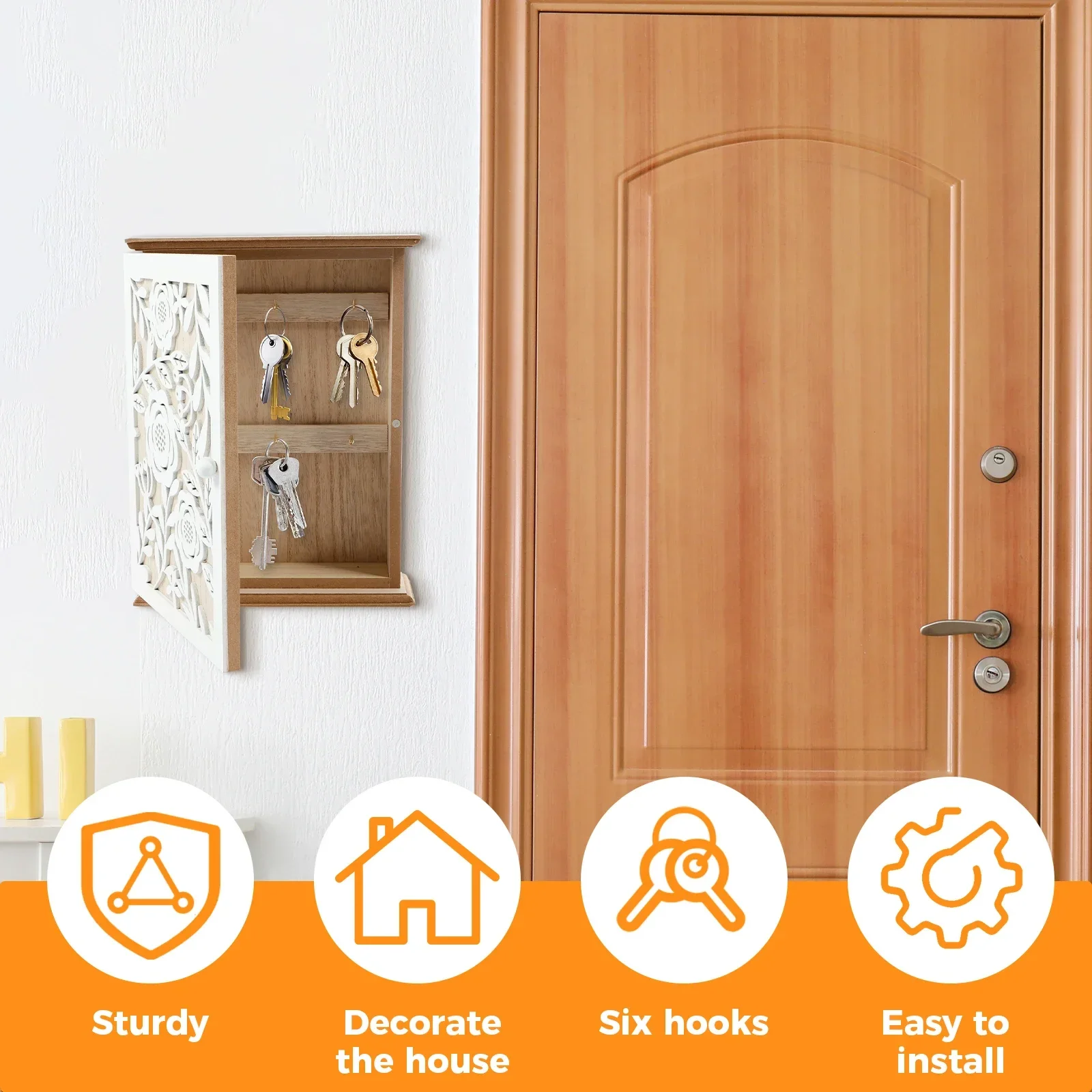 Wood Key Box Decorative Wall Key Holder with 6 Key Hooks Practical Wood Key Cabinet Multifunctional Wood Key Holder Box Doorway