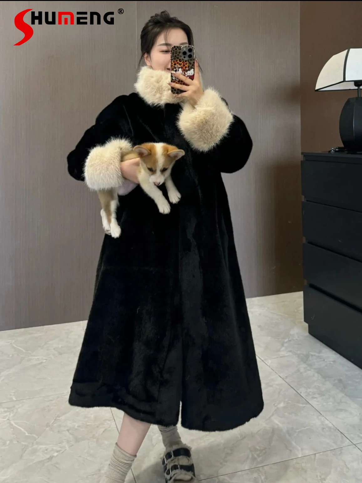 

2024 Winter Original Design European Mink Fur Integrated Coats Women's Medium Long Lace-up Imitation Mink Trendy Female Fur Coat