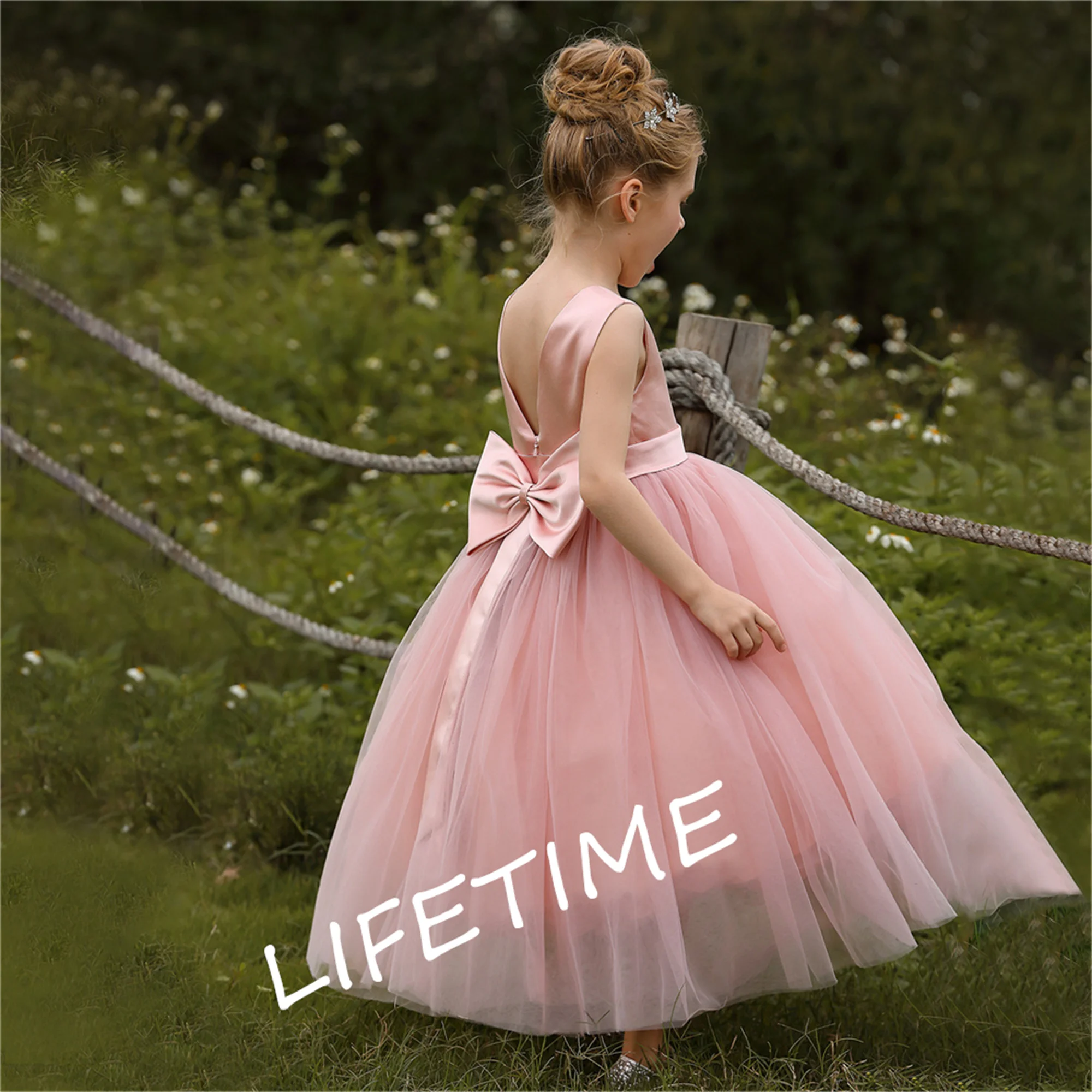 Bow Round Collar Flower Girl Dresses Elegant Evening Host Dress First Communion Birthday Ball Portable Piano Performance