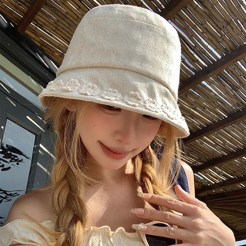 بلون ظلة قبعة بحافة المرأة زهرة القطن الكتان حافة طوي صياد قبعة سيدة فتاة في الهواء الطلق الشاطئ السفر قبعات الشمس