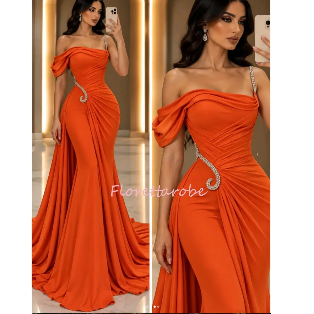 Graceful Orange Mermaid Generous Women's Evening Dresses Sleeveless Customized Formal Party Beaded Prom Gowns