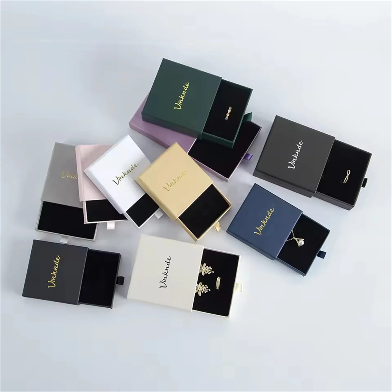 Custom Logo Slide Cardboard Paper Storage Box Luxury Gift Jewelry Sliding Drawer Boxes 7x7x2.5cm Necklace Earring Ring Packaging