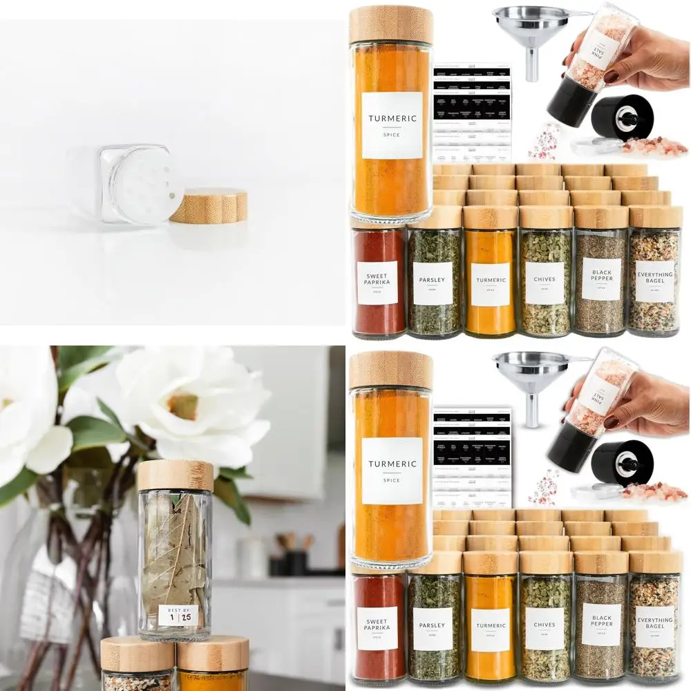 

Набор из 24 бамбуковых круглых баночек для специй с этикетками, объемом 4 унции, с этикетками для специй, мельницей для перца, пустыми контейнерами и крышками-шейкерами.