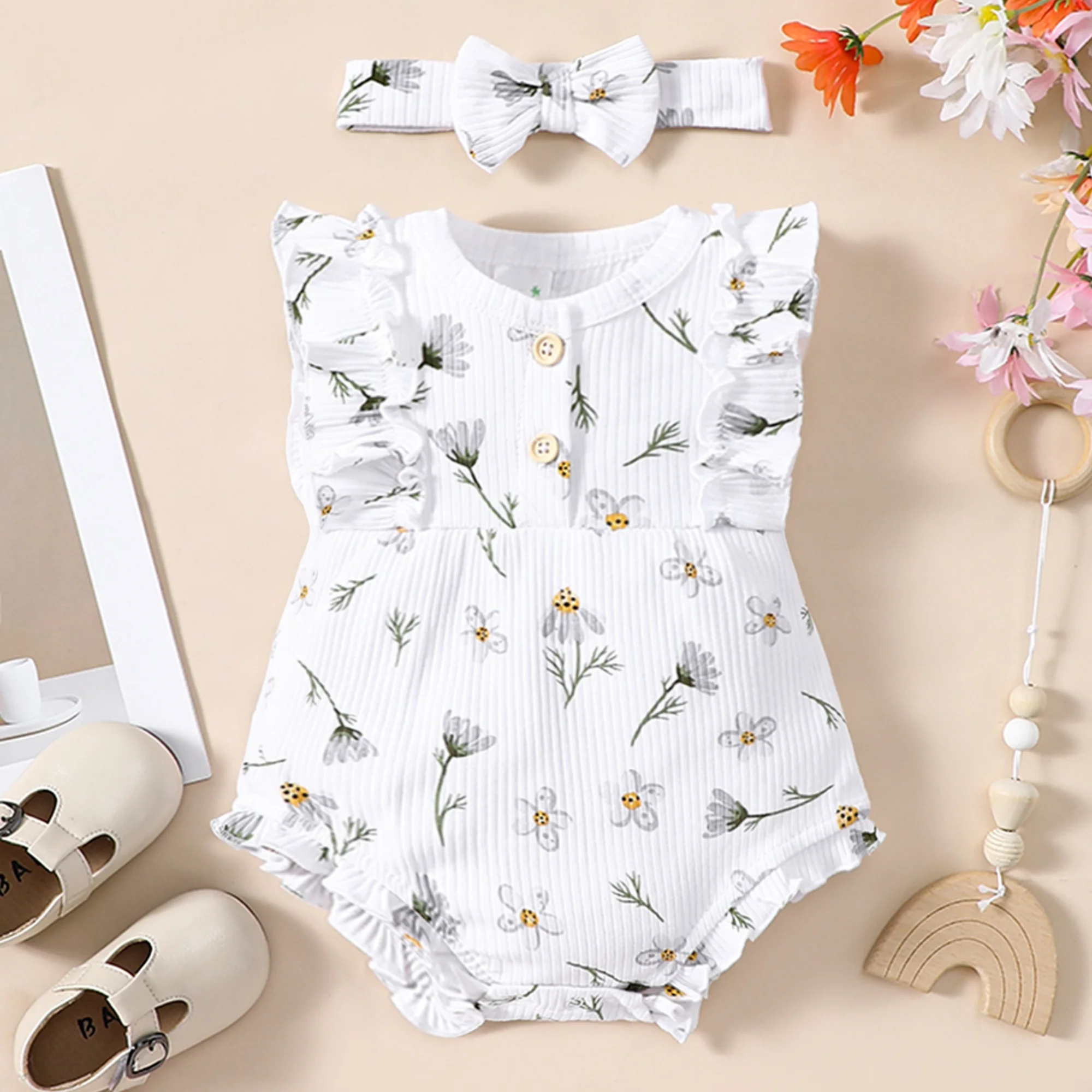 2PCS Summer Baby Sleeveless Casual Style Pure Cotton Elegant Small Flower Slim Fit jumpsuit Cute Little Girl Crawling Clothes