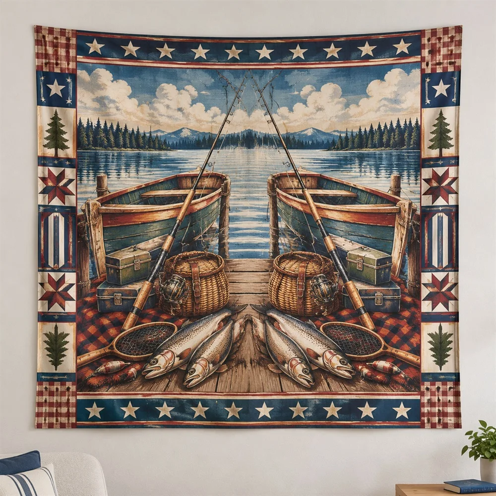VIKAMA Fishing Still Life Mirror Symmetric Tapestry Wall Hanging, American Wall Art Tapestries for Living Room Bedroom Entryway