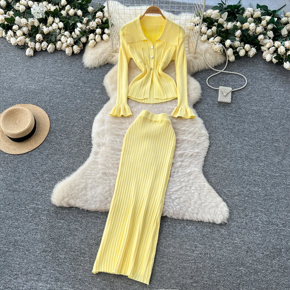 

Two Piece Sets Women Skirt Set Full Sleeve Knit Tops Long Skirts Wrap Hip High Waist Y2k Streetwear Elegant Work Slim Fit Autumn