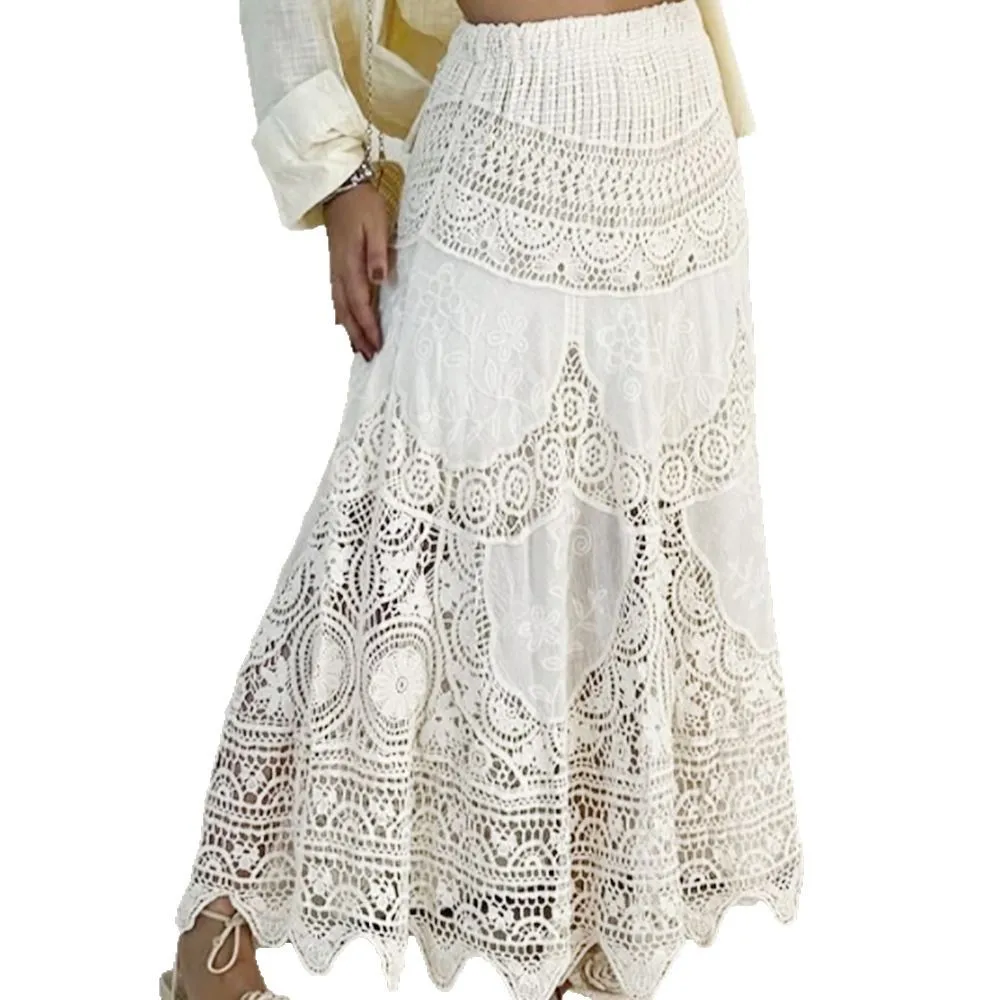 2025 Bohemian Style Sweet Crochet Hollow Cotton Embroidered Skirt Spring And Autumn Vacation Big Swing Skirt A-line Skirt