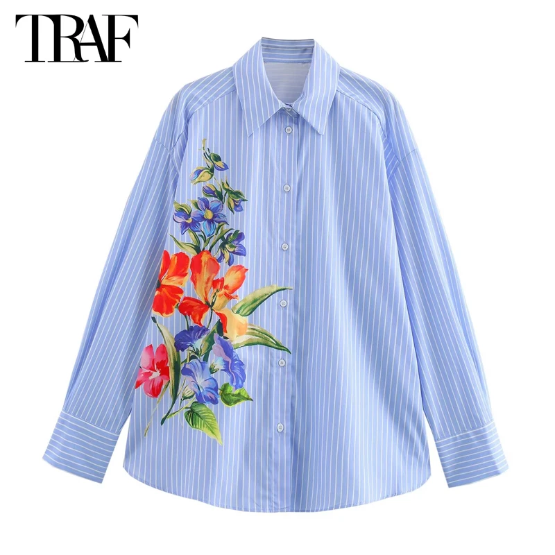 TRAF Floral Striped Shirts for Women Collar Button up Shirt Woman Summer Casual Shirts and Blouses Long Sleeve Oversized Shirt