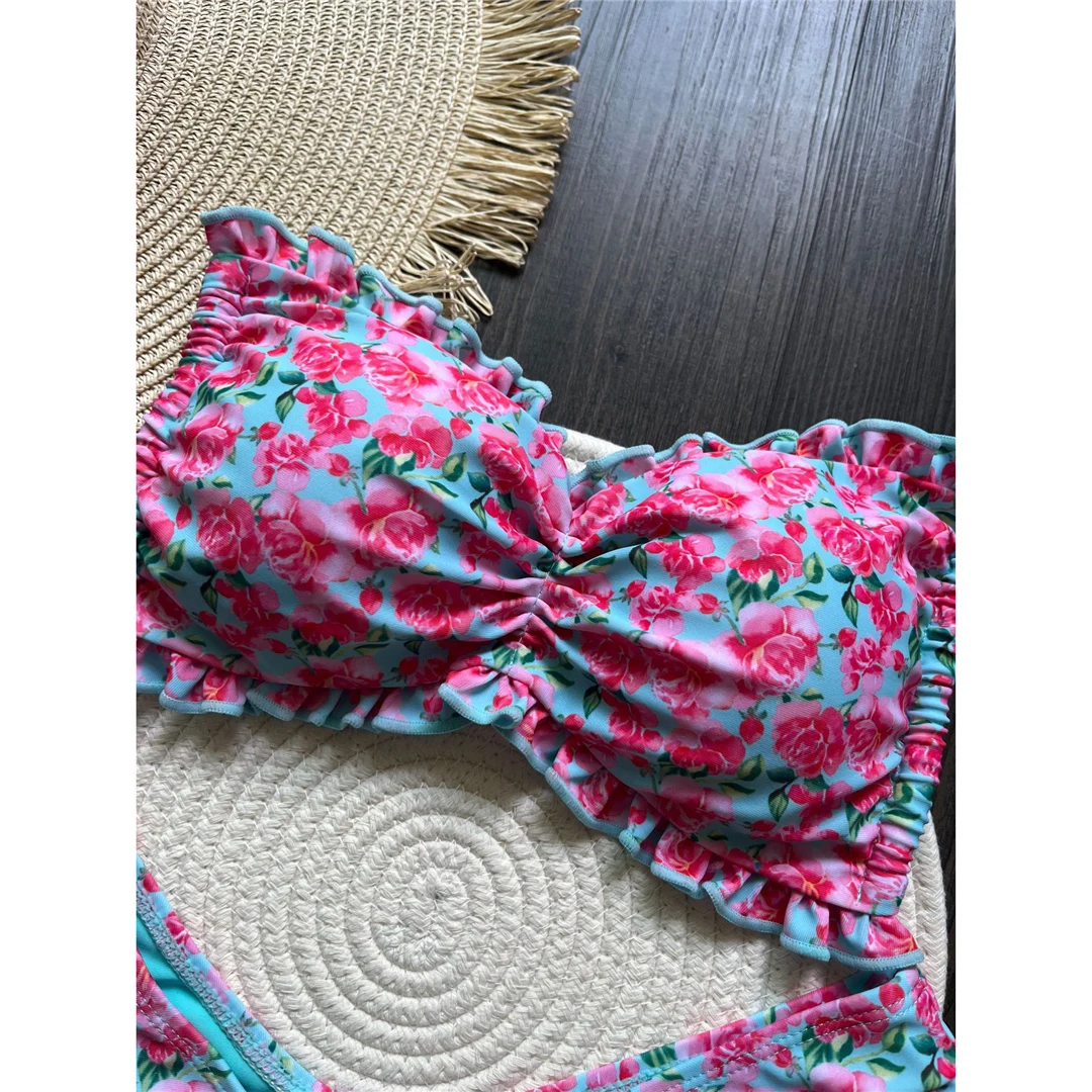 Sexy Blumenmuster, Rüschen-Bikini, Damen-Badeanzug, zweiteiliges Bikini-Set, Badebekleidung, Badeanzug, Modell V6044. – Detail 9