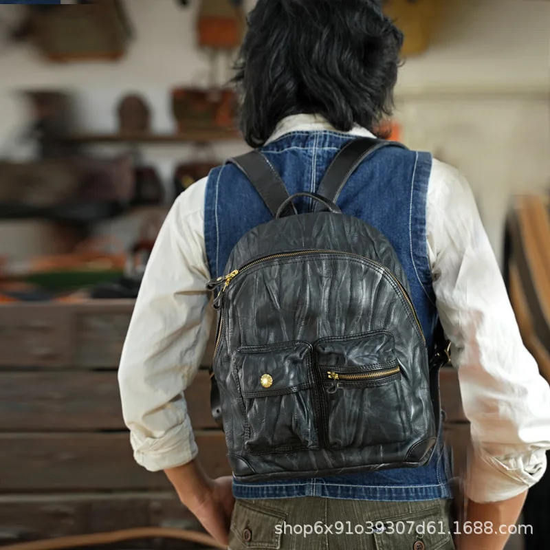 Mochila de couro genuíno para homens e mulheres, mochila ferradura de camada superior, estilo casual rua europeia, ferragens de cobre artesanais, acampamento ao ar livre