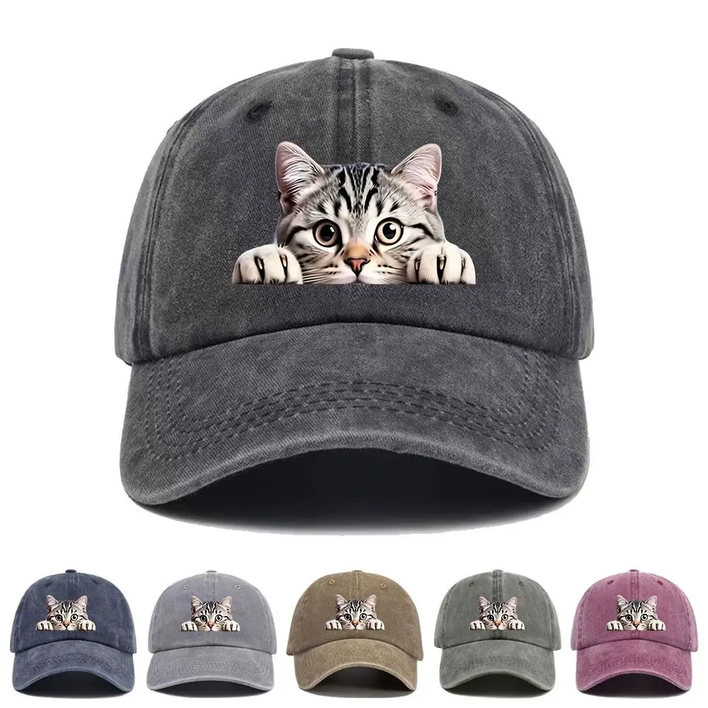 Vintage Washed Baseball Cap Cute Peeking Cat Print Graphic Unisex Streetwear Casual Trucker Style Summer Cotton Sun Hat