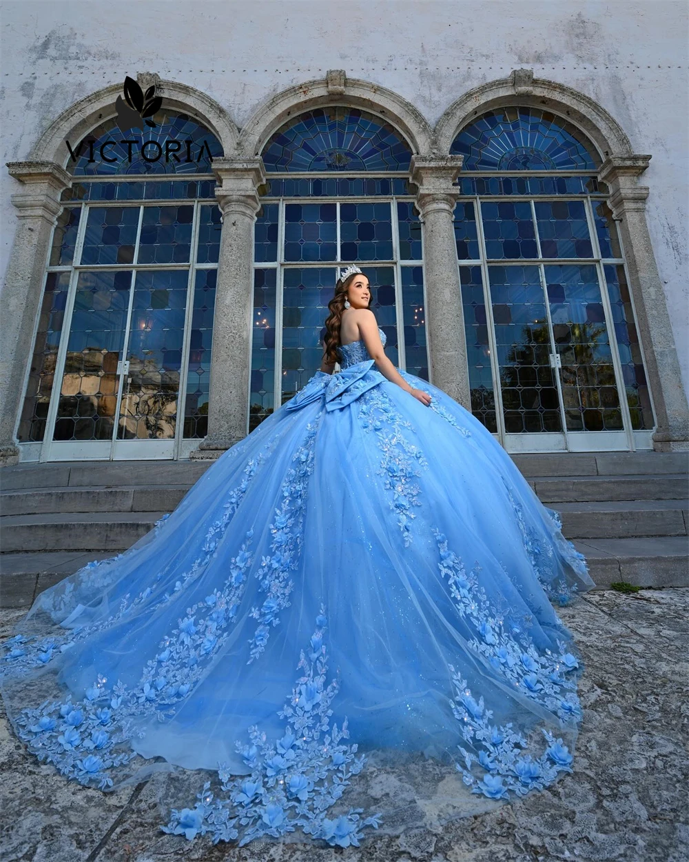 Blaue Spitze Applikation Quince anera Kleider mit Bogen Schatz Korsett Ballkleid süß sechzehn Kleid Brautkleider Vestido de Gala