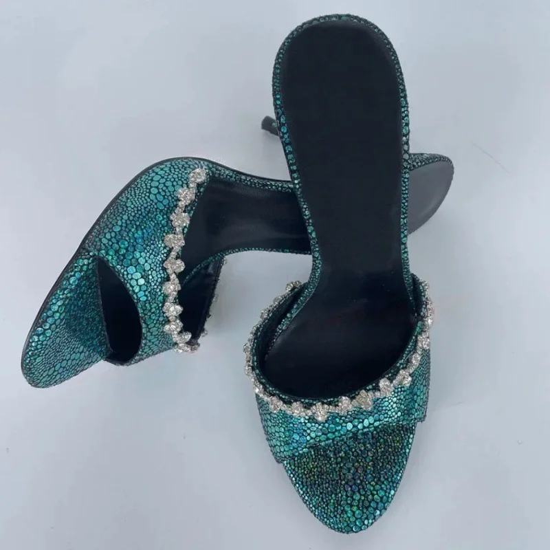 

Summer new round-toed fish mouth sequin rhinestone fashion slippers banquet dress large size thin high-heeled women's sandals
