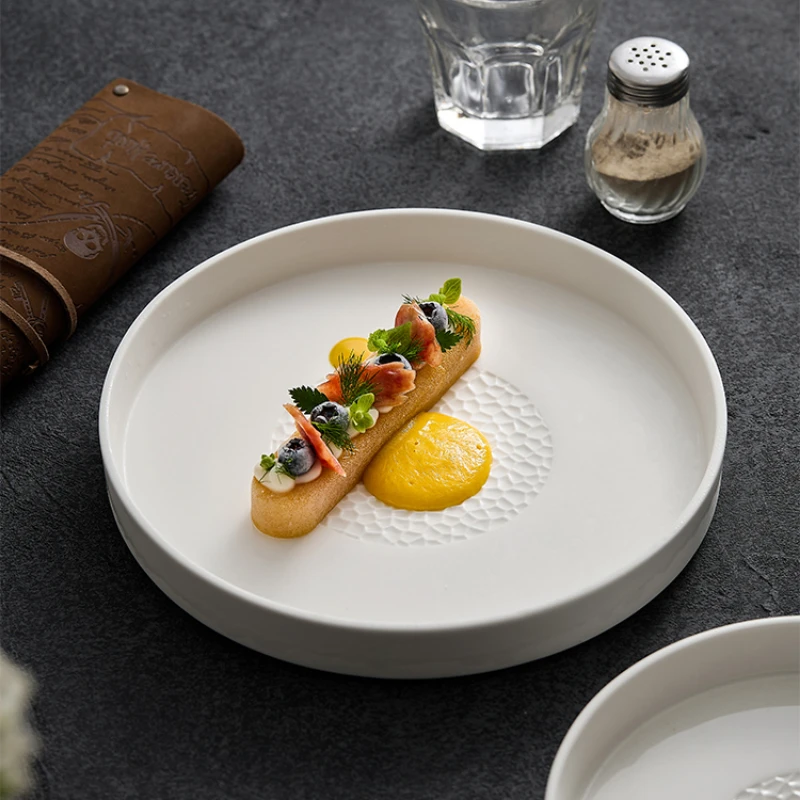 Creative Imitation Wood Grain Straight Edge Disc Household Plate White Hotel Tableware Ceramic Steak Plate Western Plate