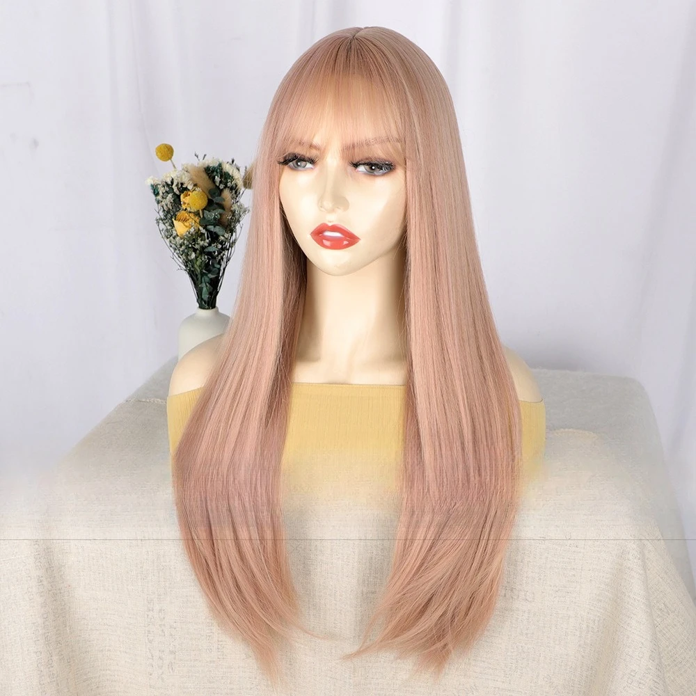 女性のファッションロングストレートヘア合成かつら自然に通気性のある高温シルク化学繊維ヘッドギア