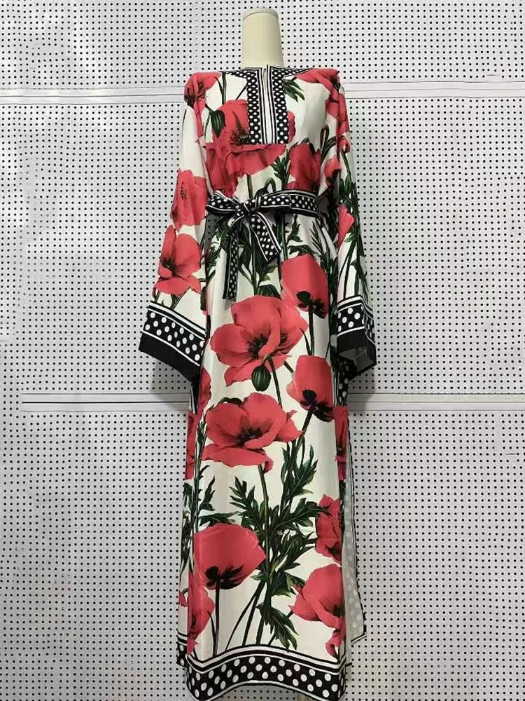 Abito da donna estivo 2025 con stampa geometrica retrò, colletto semiabierto, cravatta in vita stretta, gonna gonfia alla moda con spacco sull'orlo ampio