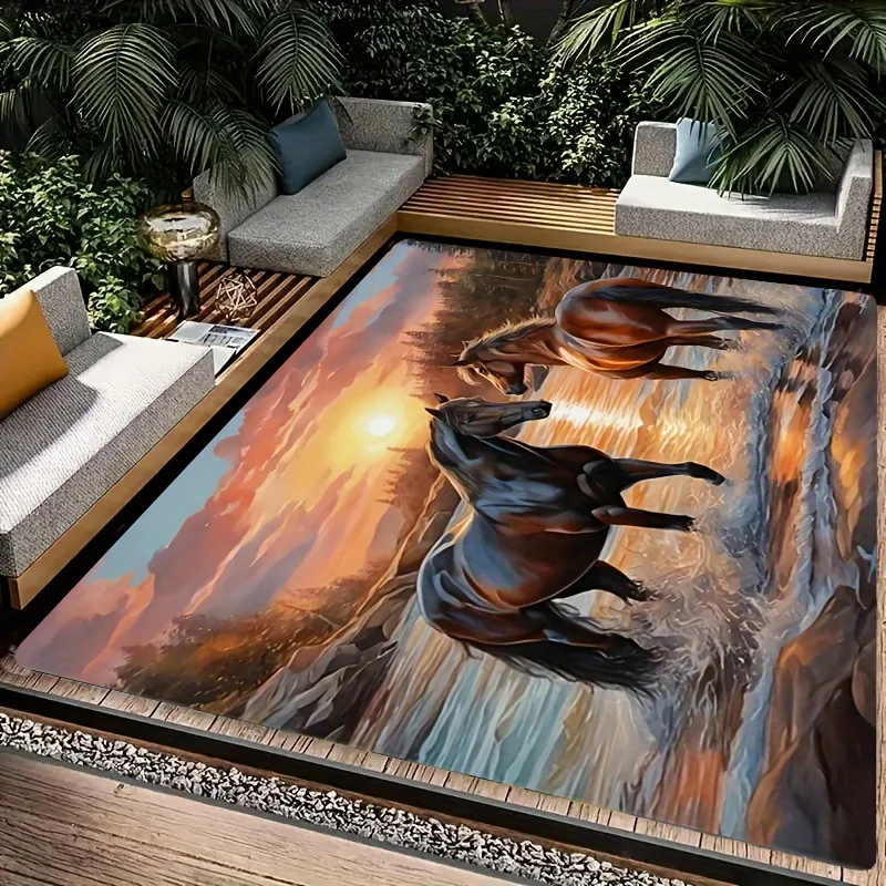 Epic Horse Running Rug Sunset Landscape Area Carpet Bohemian Decor Equestrian Art Print Large Floor Mat for Modern Home